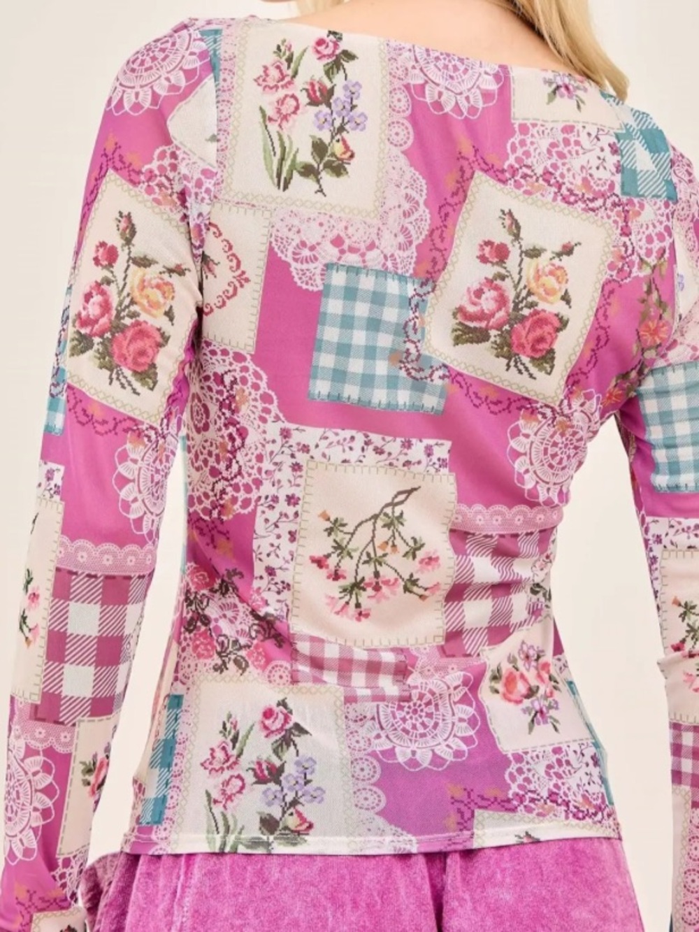 💕Women’s Long Sleeve Mesh Patchwork Pattern Floral Top - Picture 4 of 5